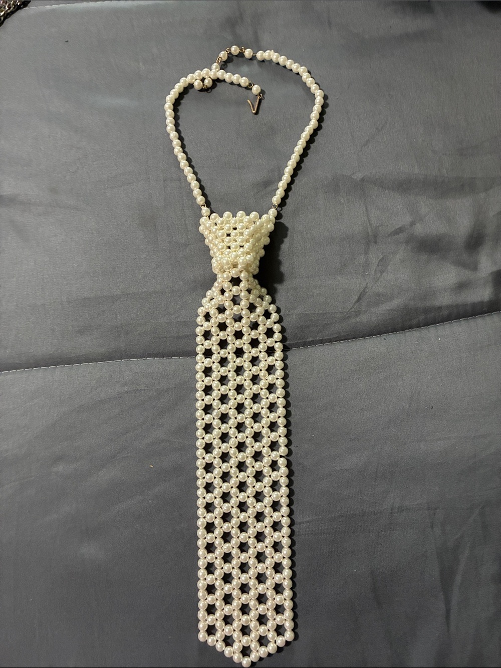Pearl Tie Necklace - white faux  Beaded Statement Necklace